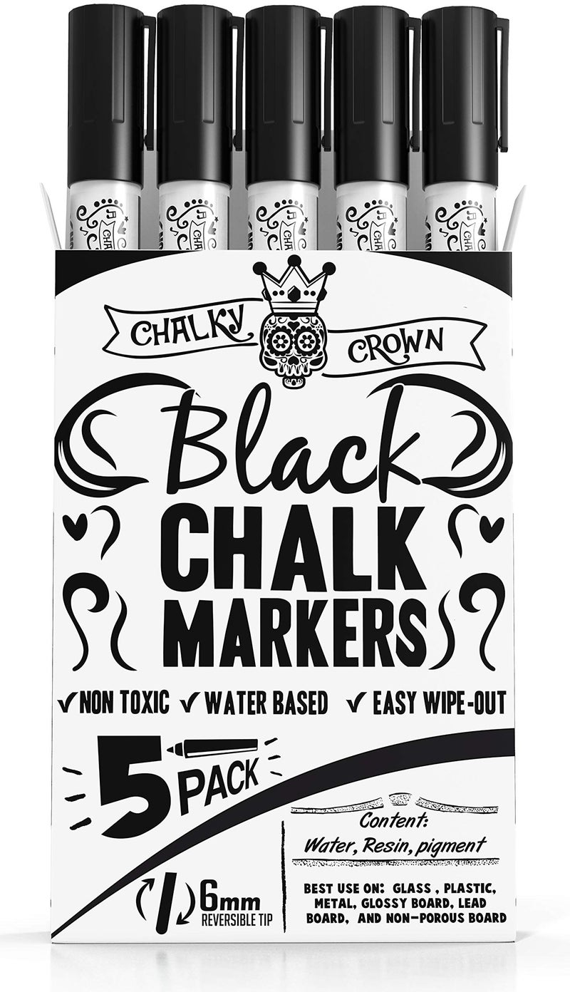 CHALKY CROWN قلم ماركر سائل تشالكي كراون - قلم مسح جاف - أقلام طباشير لعلامات السبورة، النوافذ، السبورة السوداء، الزجاج - طرف قابل للعكس 6 مم (أسود، 5 عبوات) - Image 1